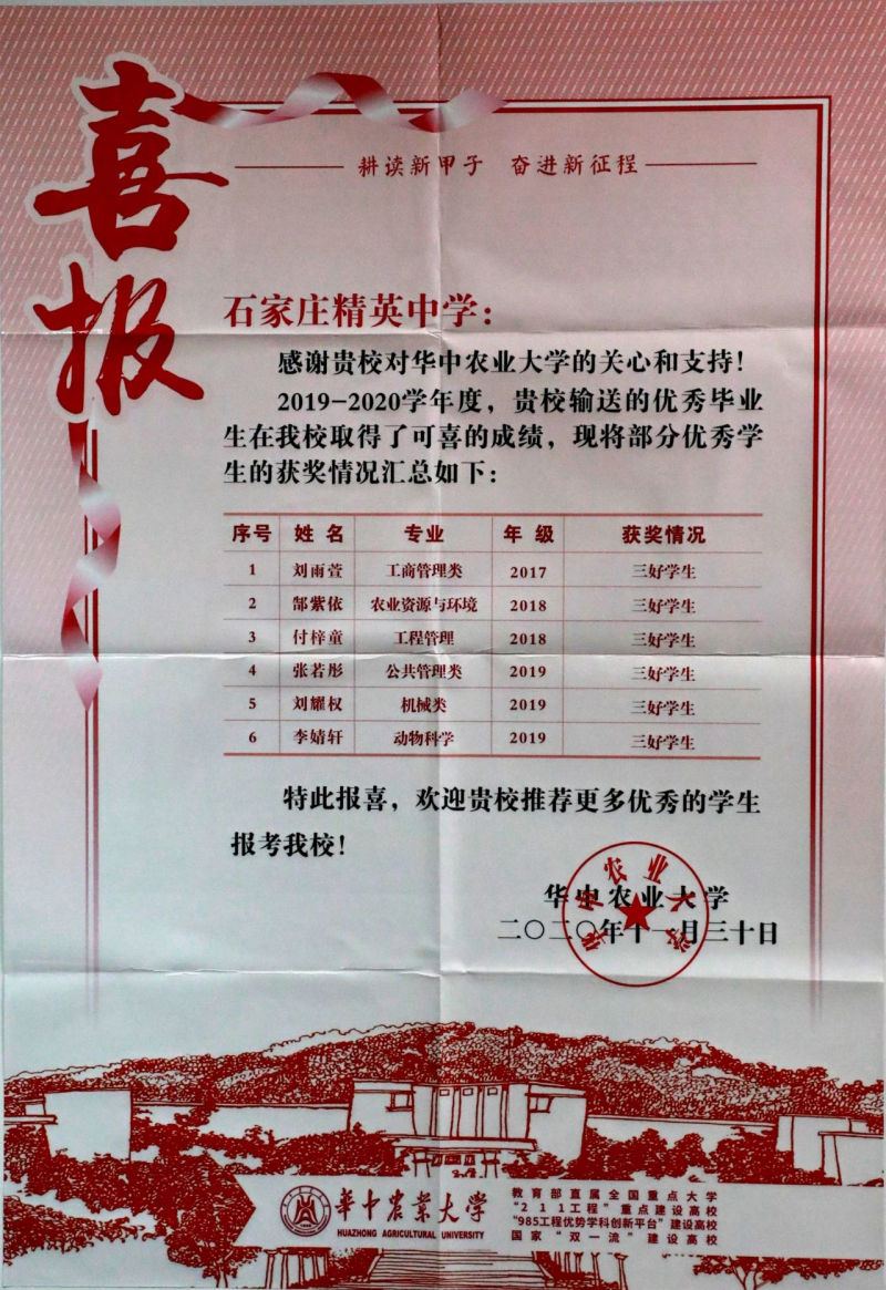 “雙一流”建設(shè)高校華農(nóng)、南農(nóng)、河工大向石家莊精英中學(xué)發(fā)來喜報(bào)